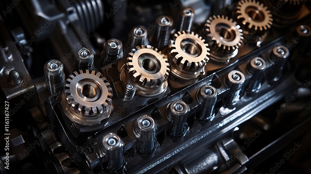 Poster close-up view of interlocking engine gears and wheels in detail