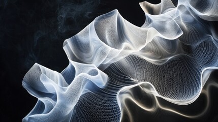 Delicate, translucent fabric creates flowing waves in a dark background, highlighting intricate textures and a beautiful play of light and shadow