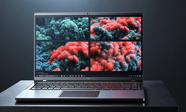A laptop displaying vibrant abstract patterns in four quadrants on its screen.
