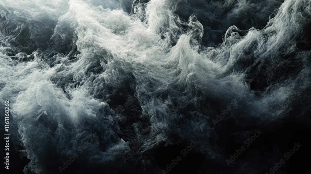 Poster swirling clouds in various shades of gray and white engage the viewer with their fluid motion agains