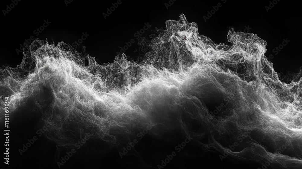 Poster swirling clouds in shades of black and white form dynamic patterns, highlighting the interconnectedn