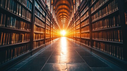 Fototapeta premium Sunlit library aisle with bookshelves.