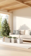 Fototapeta premium Christmas Living Room Decor with Presents and Tree.