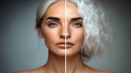 The portrait features a young woman on one half transitioning symmetrically to an older appearance, emphasizing the passage of time and graceful aging.