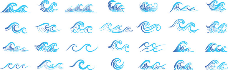 Set of blue ocean waves, vector artwork, isolated on a white background.