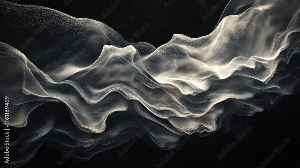Poster soft white tendrils of smoke undulate and flow in elegant patterns against a deep black backdrop, cr