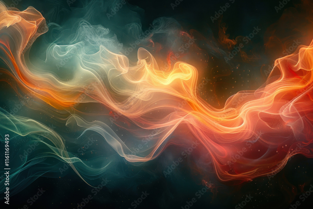 Poster abstract light streams smoothly flowing into each other on a dark background.