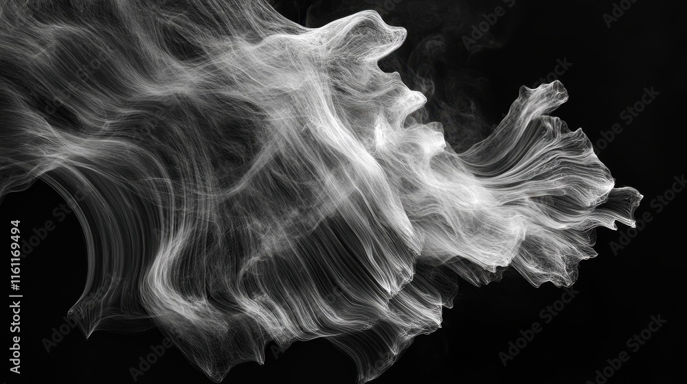 Poster delicate white smoke curls and billows against a dark background, creating intricate patterns in an 