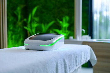 Fototapeta premium A sleek device rests on a table, surrounded by calming green plants in a serene space