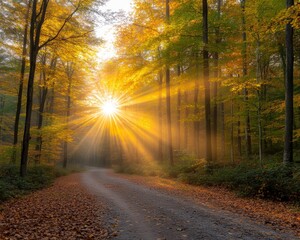 Fototapeta premium Sunbeams through Autumn Forest Path