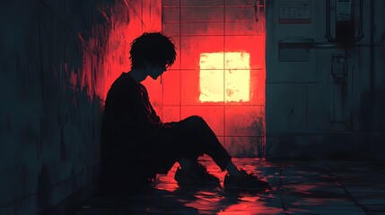 Lofi anime style illustration of A digital painting of a lone boy sitting in a dark, red-lit alleyway. The image evokes feelings of isolation and melancholy.