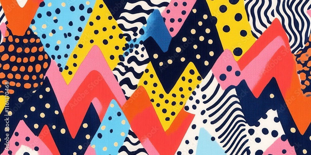 Poster bright and bold patterns fill the surface with various geometric shapes, including stripes, dots, an
