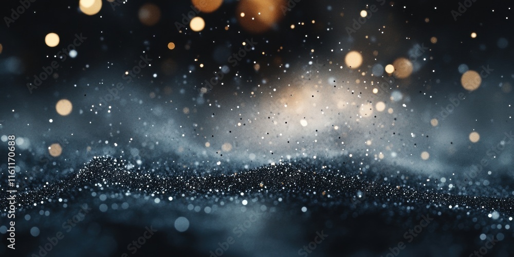 Poster delicate particles swirl and shimmer in a dark setting, illuminated by soft bokeh lights that enhanc