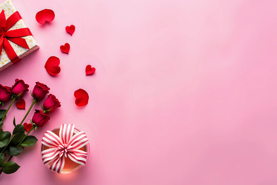 Valentines day banner with gift, red roses, hearts wine and table place setting on pink background. View from above. Greeting card. Invitation to romantic dinner.