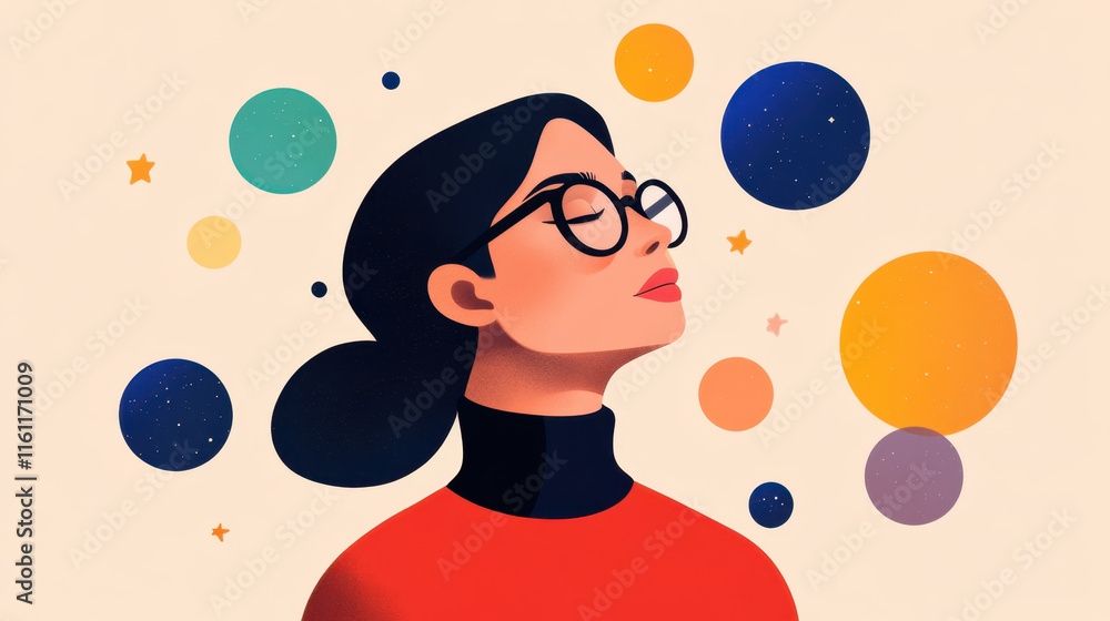 Poster narcissistic, a character depicted with thought bubbles, illustrating creativity and imagination in 