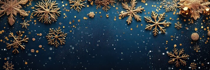 Elegant Christmas decorations on a deep blue background with golden snowflakes, ornaments and stars. Ideal for creating a festive atmosphere and seasonal celebrations