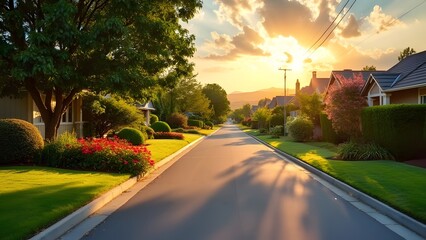 Fototapeta premium Golden Hour Sunset Suburban Street, Picturesque Road with Manicured Lawns, Vibrant Flowers, and Mature Trees