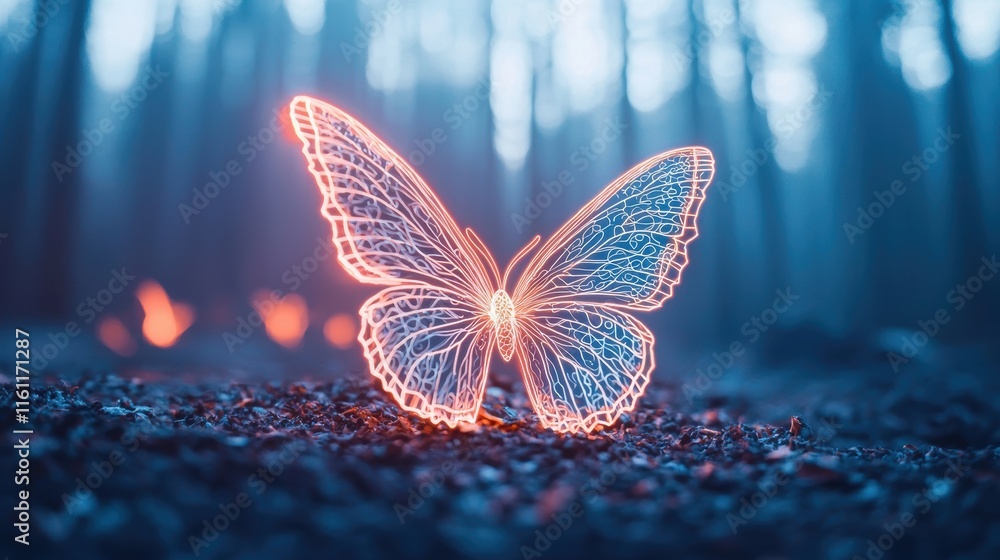 Poster a delicate butterfly with its wings illuminated by intricate patterns of neon light, flitting throug