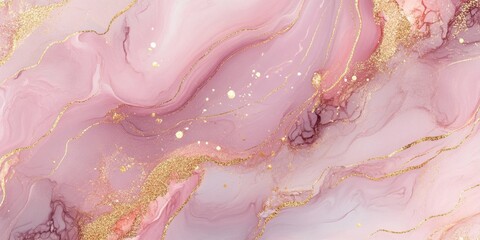 Swirling patterns of pink and gold create an elegant and serene backdrop, with fluid shapes and shimmering accents captivating the viewer's eye