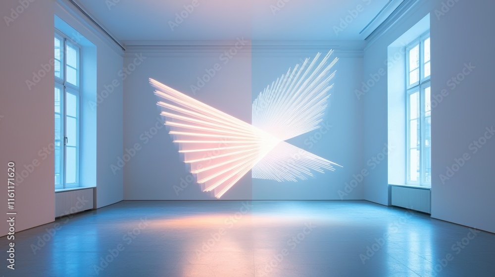 Poster a minimalist neon sculpture featuring a single, continuous line forming a complex, three dimensional
