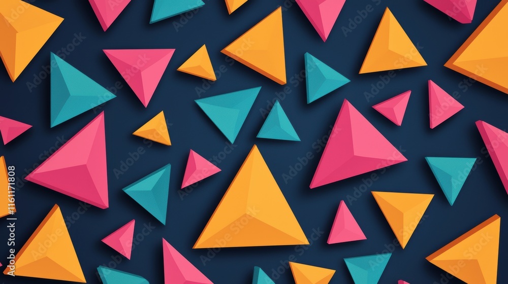 Poster a digital illustration of a seamless geometric pattern, with colorful triangles overlapping and inte