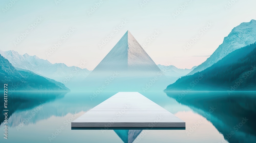 Poster a serene view of a mountain lake reflecting the image of a towering triangular peak, creating a sens