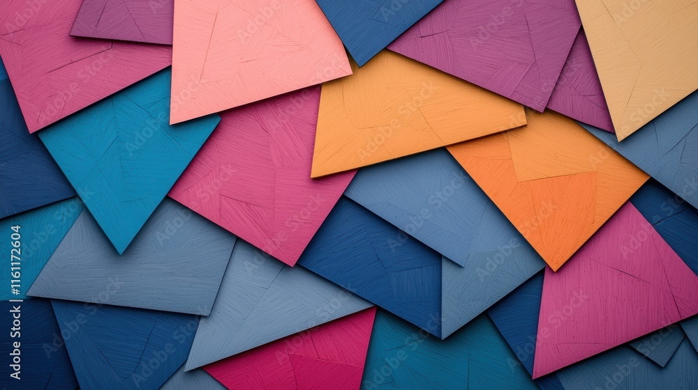 Poster a textured abstract piece with layers of paint forming a mosaic of triangular shapes, inviting the v