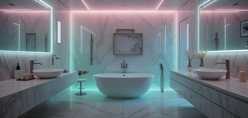 Modern Bathroom with Marble Walls and Freestanding Oval Bathtub