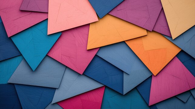 A textured abstract piece with layers of paint forming a mosaic of triangular shapes, inviting the viewer to explore its intricacies.