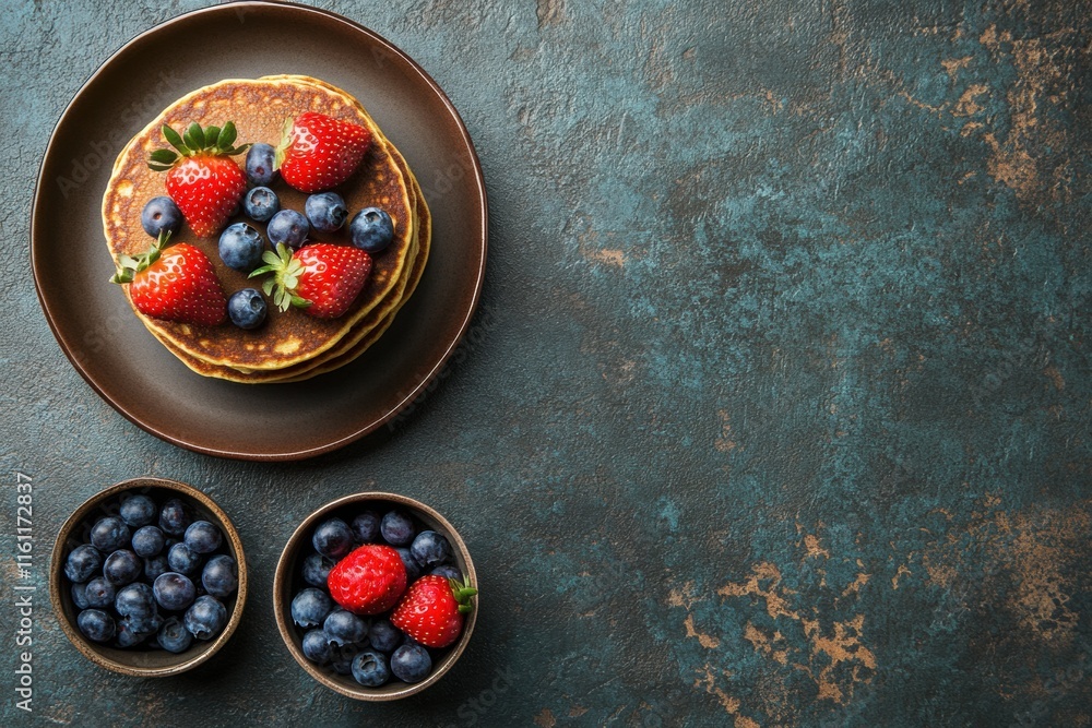 Poster delicious golden pancakes stacked high with fresh strawberries and blueberries on a rustic table. ge