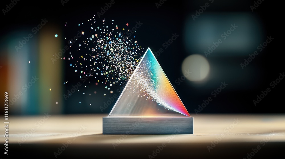 Poster a holographic projection of a rotating triangular prism, with beams of light refracting and creating