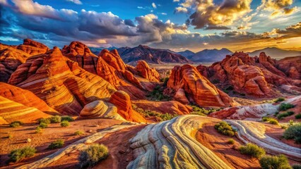 Fiery hues blaze across Valley of Fire's dramatic landscape; stunning high-resolution photography reveals its majesty.