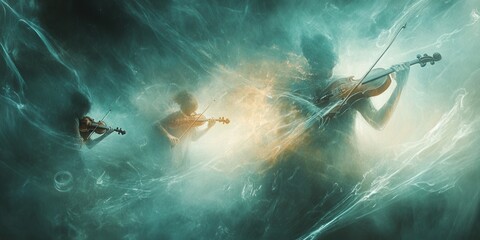 Three musicians passionately play violins in an enchanting mist, creating a captivating atmosphere filled with melodic sound and artistry at night