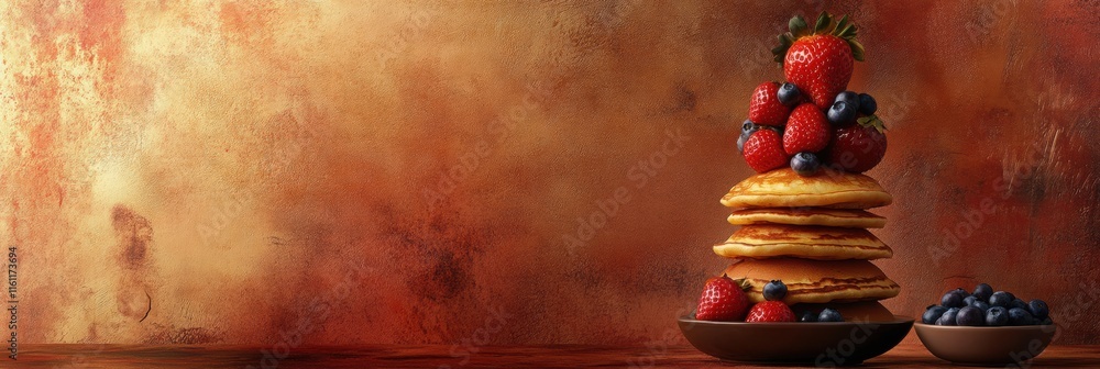 Poster delicious stack of golden pancakes topped with fresh strawberries and blueberries on rustic backgrou