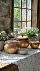 Fototapeta premium Rustic Copper Pots and Pans on Lace Tablecloth by Window