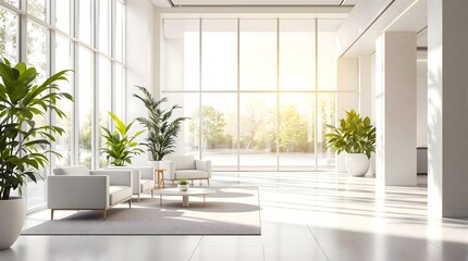 Bright Modern Waiting Area with Comfortable Seating and Greenery