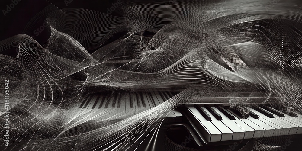 Poster a piano keyboard rests beneath swirling patterns resembling musical notes, creating a visual represe