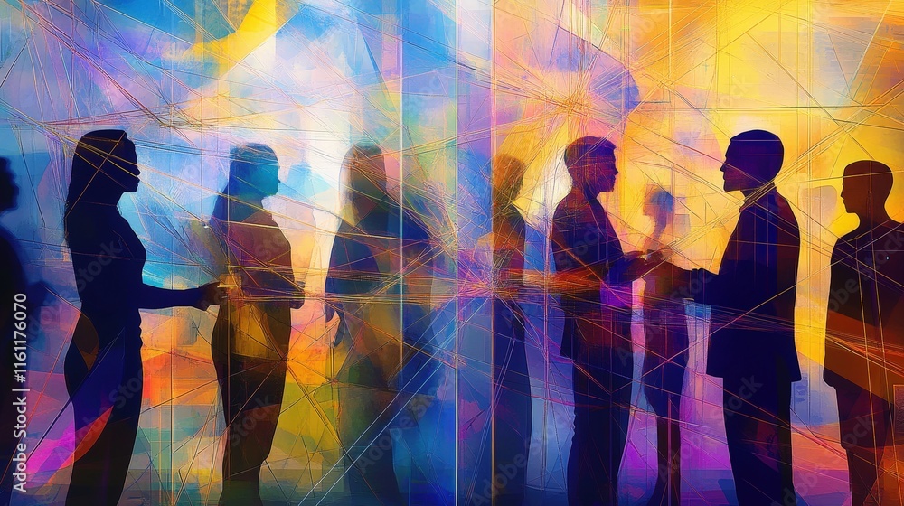 Poster dynamic business networking scene with colorful silhouettes and abstract background