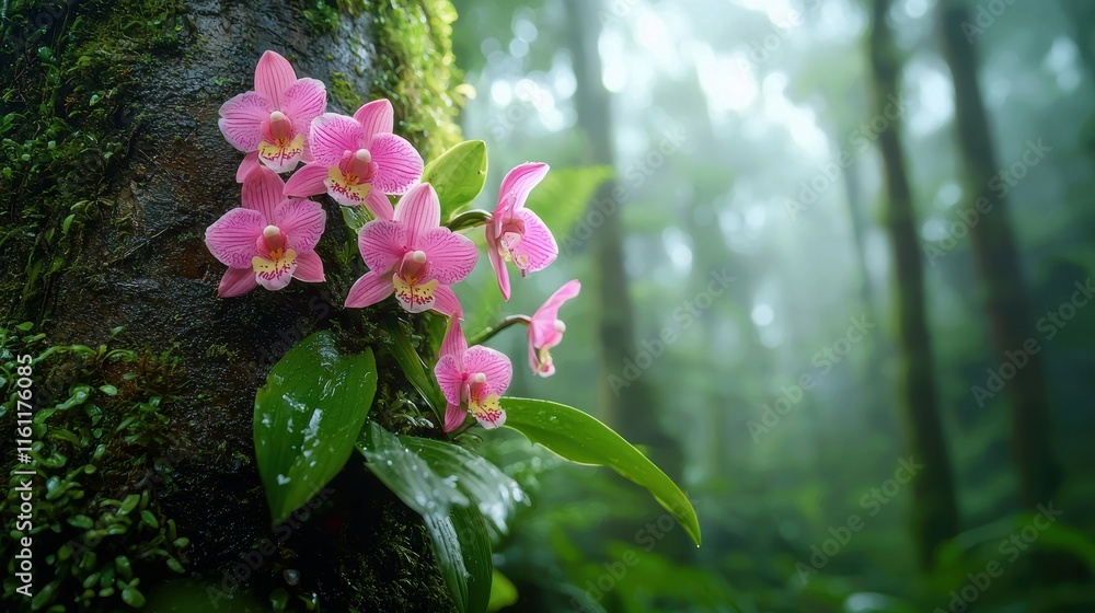 Poster a cascade of colorful orchids clings to the trunk of a towering rainforest tree, their delicate bloo