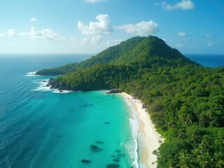 tropical beach with island on background