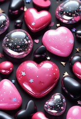 Obraz premium Pink And Black Glass Beads and Heart Shaped Gems Background