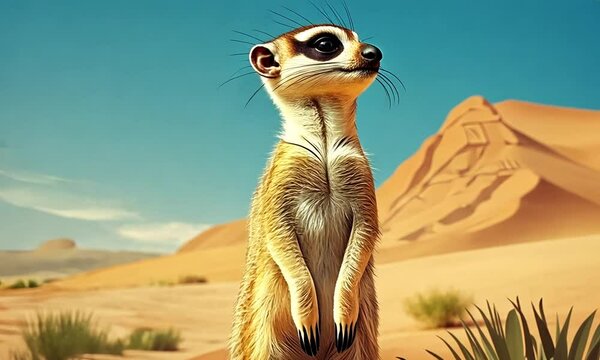 A meerkat stands alert in a desert landscape under a clear blue sky.