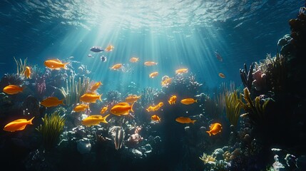 Obraz premium Vibrant coral reef teeming with orange fish, sunbeams filtering through water.