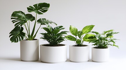 Four potted plants, a Monstera deliciosa, Spathiphyllum, Hosta, and Asplenium in white cylindrical pots against a bright white background.