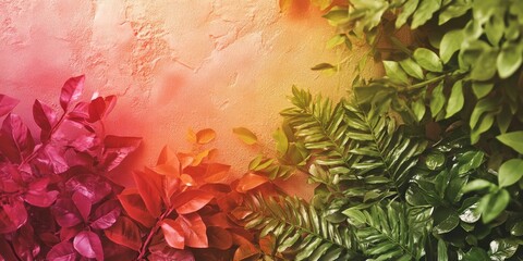 Lush leaves display varying shades of red and green, creating a striking contrast against a warm, textured wall, enhancing the space's natural beauty