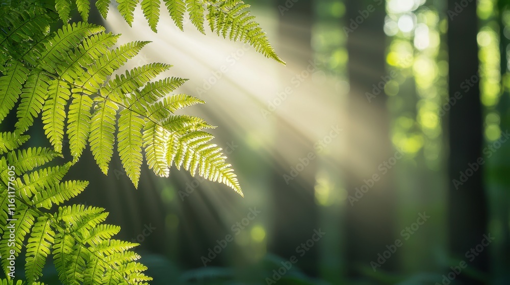 Poster sunlight filters through the delicate fronds of a giant fern, creating intricate patterns of light a
