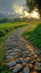 Sunlit Stone Path Winding Through Verdant Meadow at Sunset