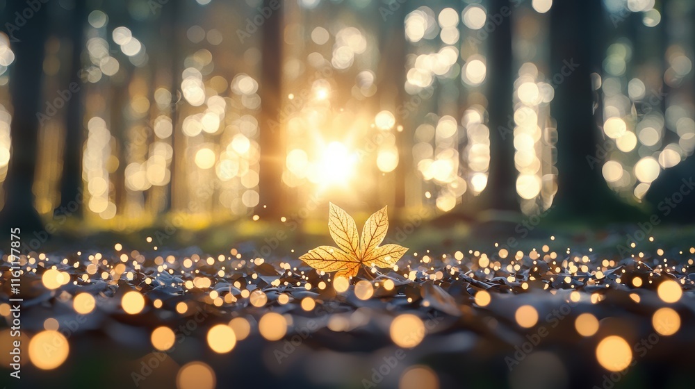 Poster golden sunlight streaming through a forest canopy, creating a dappled pattern on the forest floor an