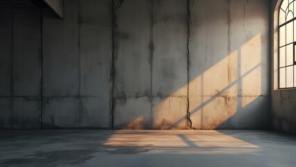 Atmospheric Grey Concrete Wall with Golden Sunlight, Urban Industrial Interior Background