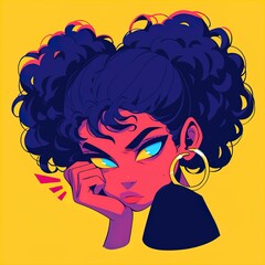 A vibrant, stylized illustration of a young woman with large, curly hair styled into puffs, set against a bright yellow background. Her expressive face features bold makeup, with striking yellow and b